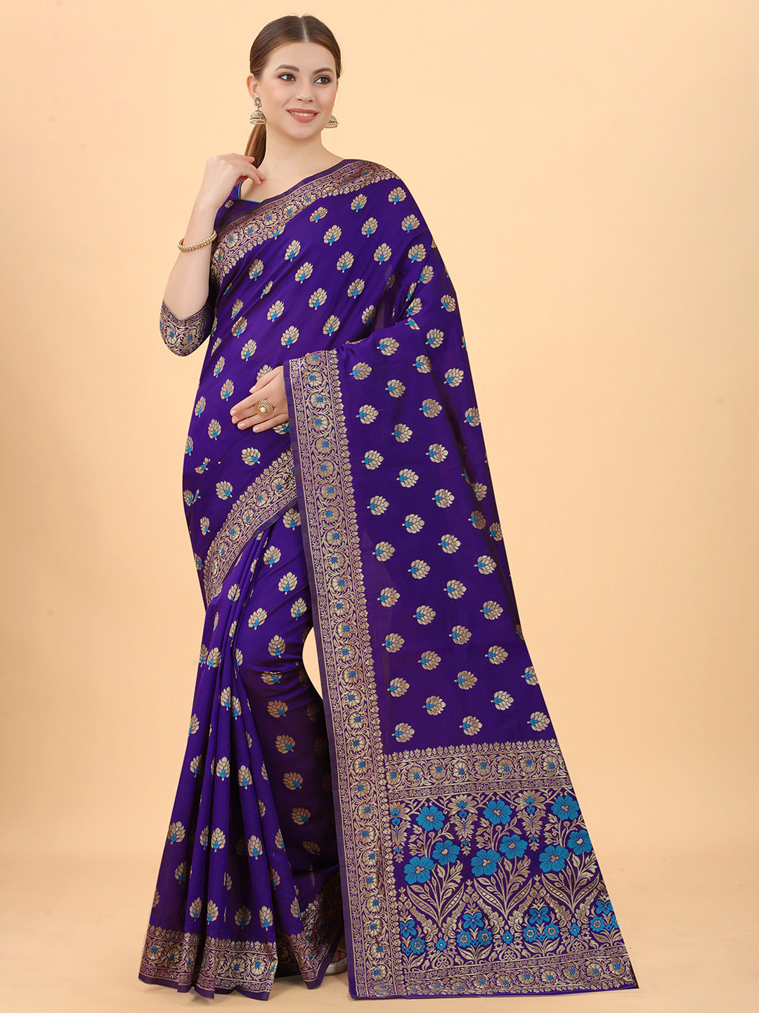 

INDI AVTAAR Purple & Blue Woven Design Zari Silk Cotton Banarasi Saree