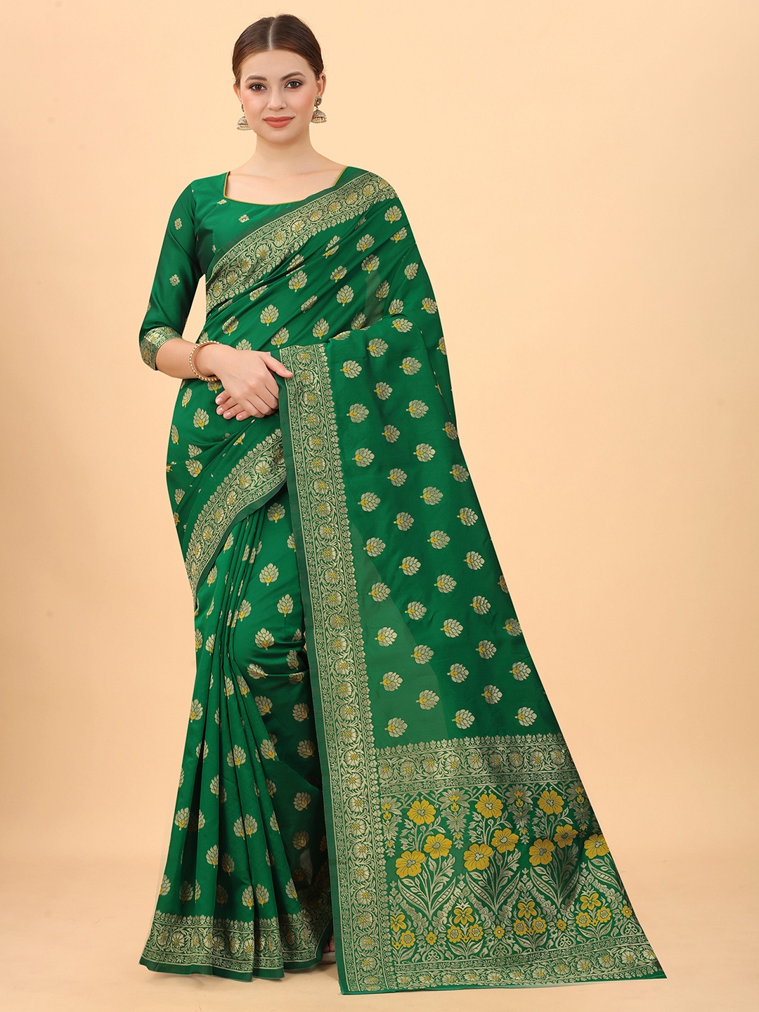 

INDI AVTAAR Green & Yellow Woven Design Zari Silk Cotton Banarasi Saree