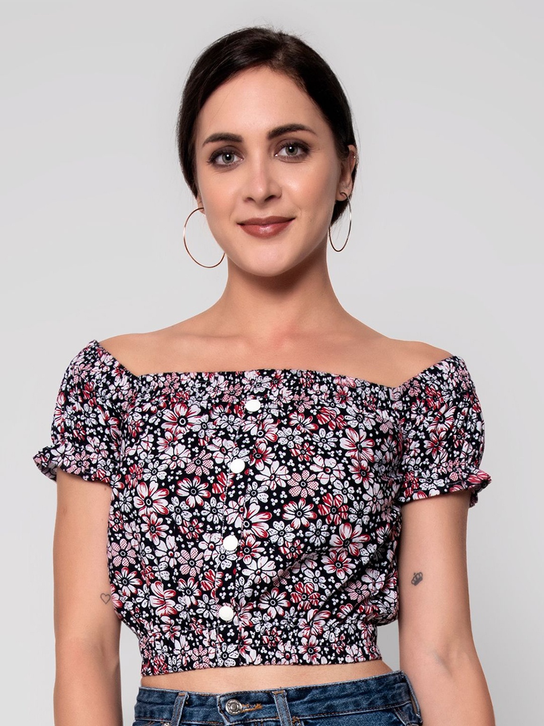 

God Bless Multicoloured Floral Print Off-Shoulder Bardot Crop Top, Multi