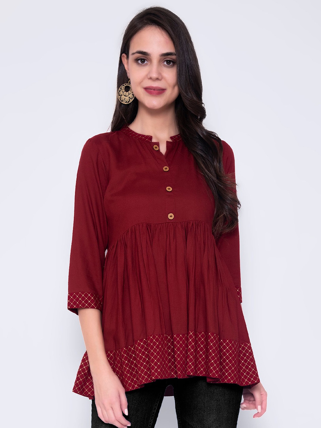 God Bless Maroon Mandarin Collar Empire Top