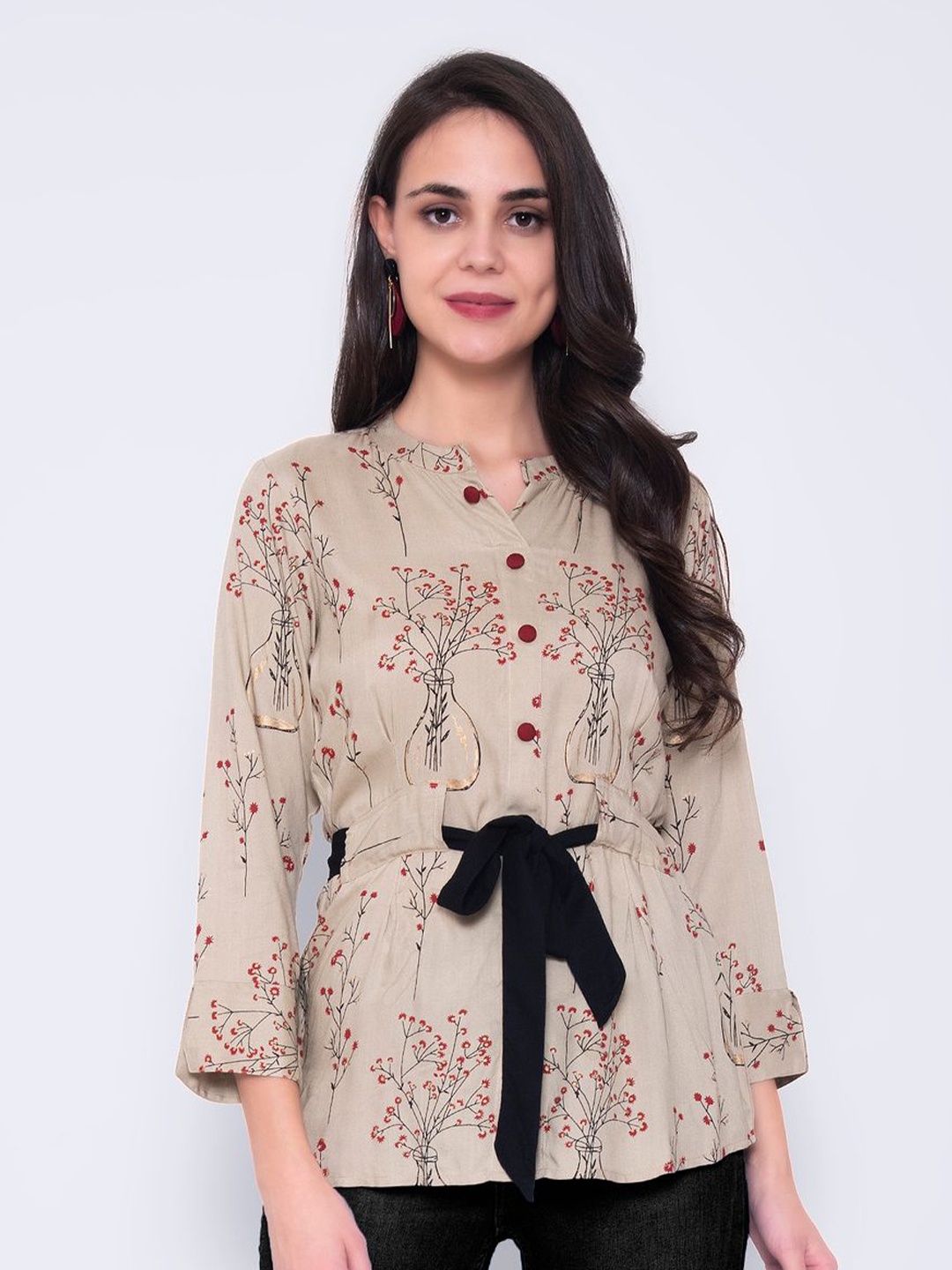 

God Bless Beige Floral Print Mandarin Collar Cinched Waist Top