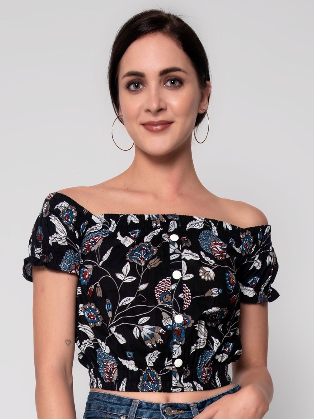 

God Bless Black Floral Print Off-Shoulder Bardot Crop Top