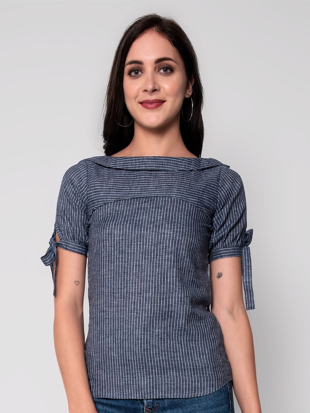 

God Bless Grey Striped Woven Printed Linen Top