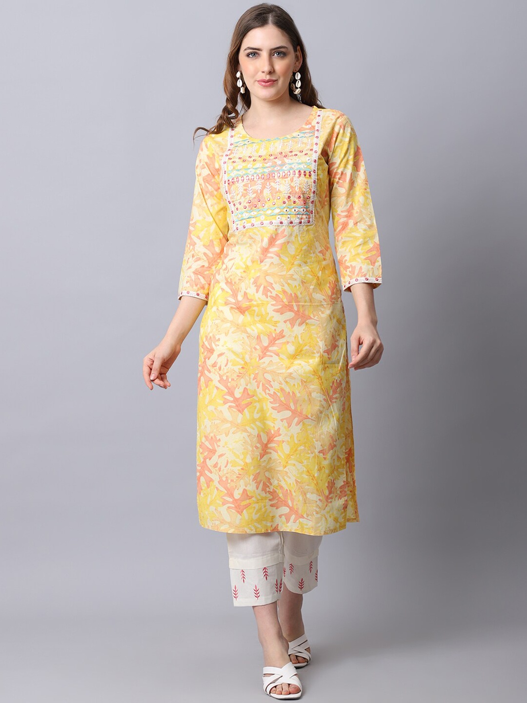 

The Mini NEEDLE Women Yellow Pure Cotton Kurta with Trousers