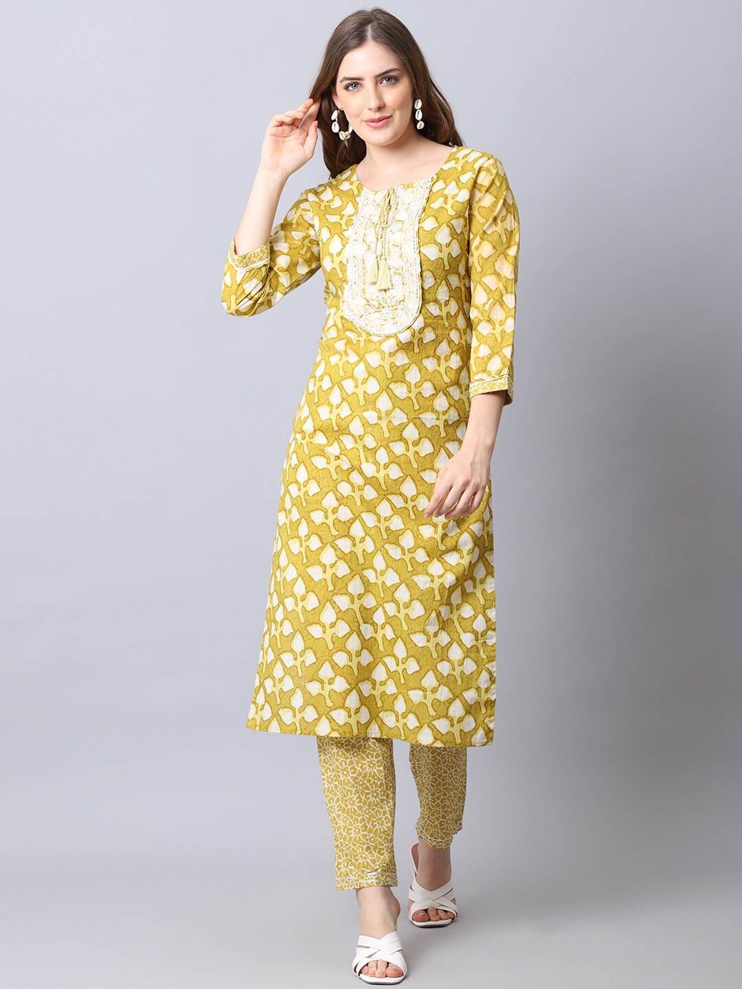 

The Mini NEEDLE Women Mustard Yellow Striped Empire Pure Cotton Kurta with Trousers & With Dupatta