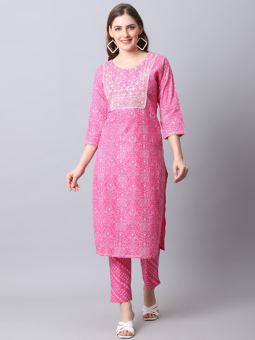 

The Mini NEEDLE Women Pink Pure Cotton Kurti with Trousers & With Dupatta