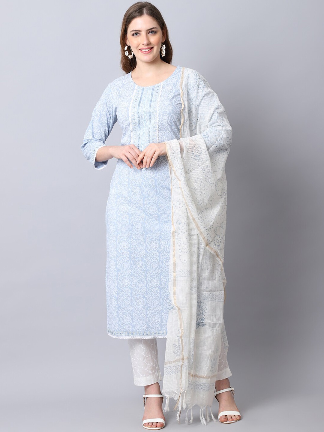 

The Mini NEEDLE Women Blue Striped Empire Pure Cotton Kurta with Trousers