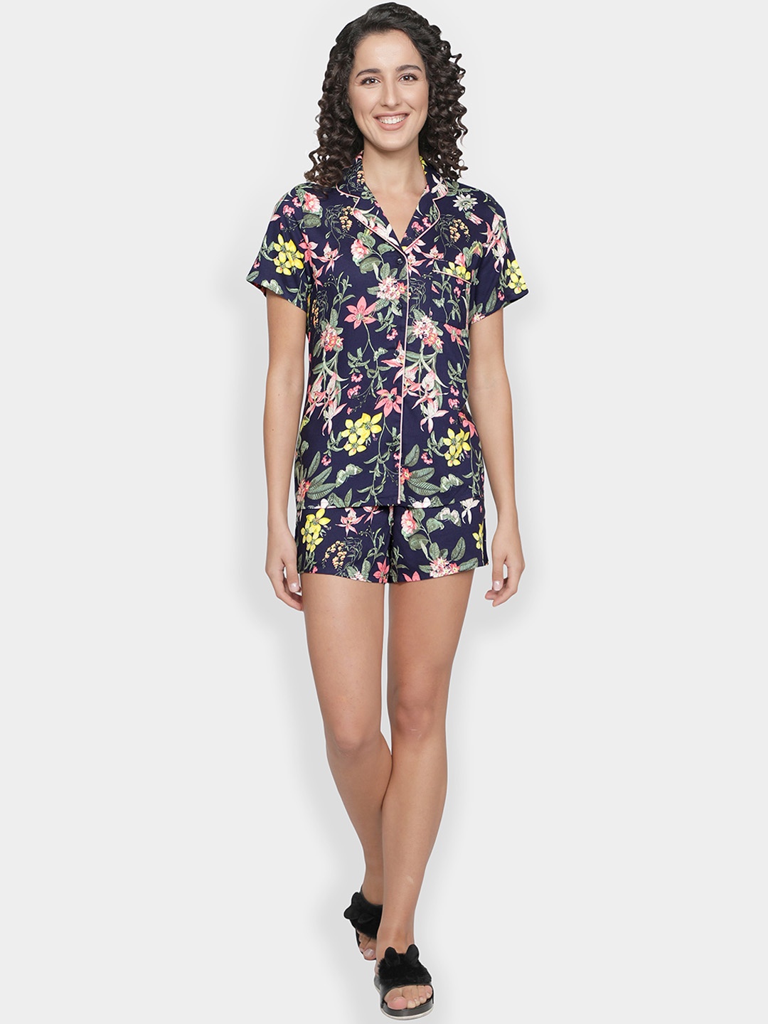 

BStories Women Navy Blue & Pink Printed Night suit