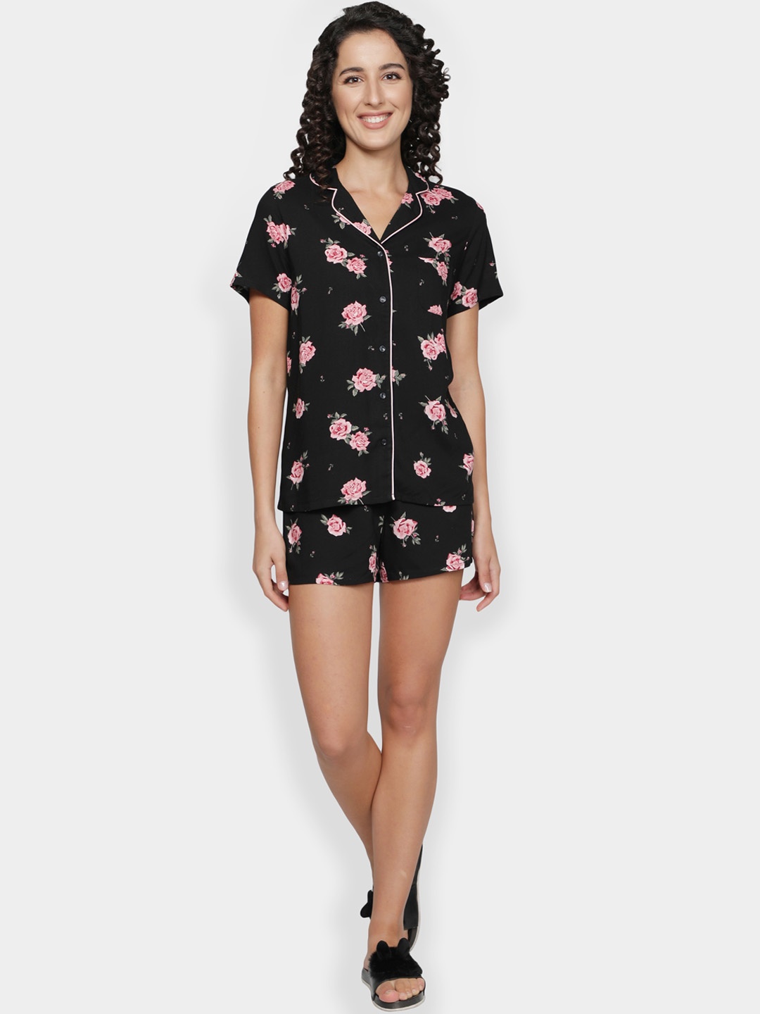 

BStories Women Black & Pink Printed Night suit