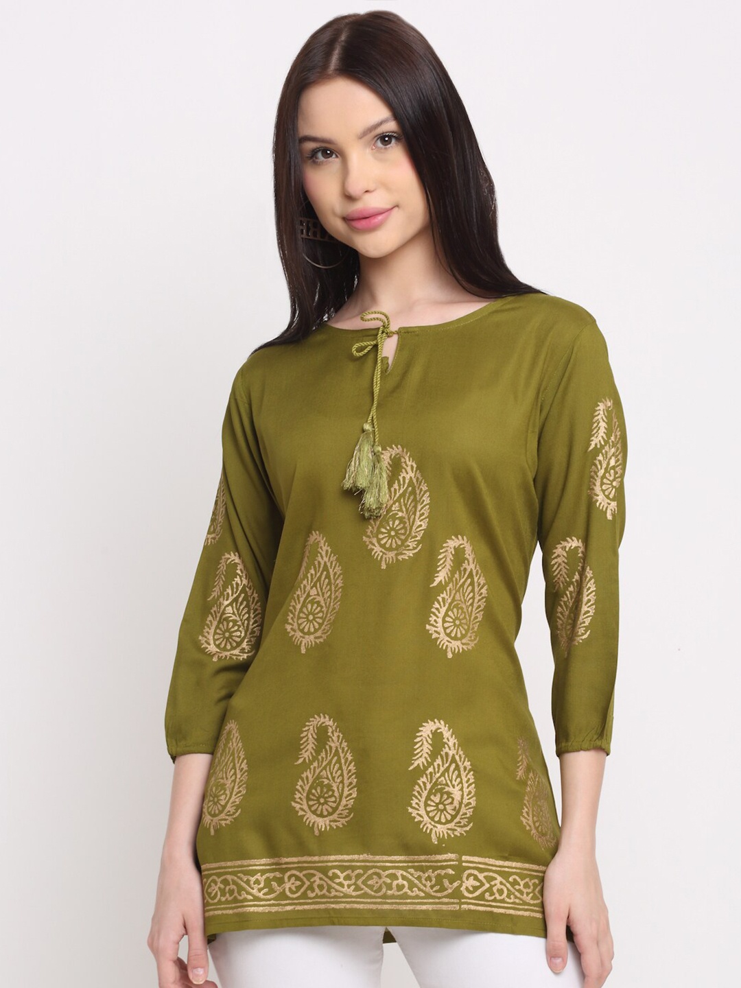 

KALINI Beige & old moss green Tie-Up Neck Top