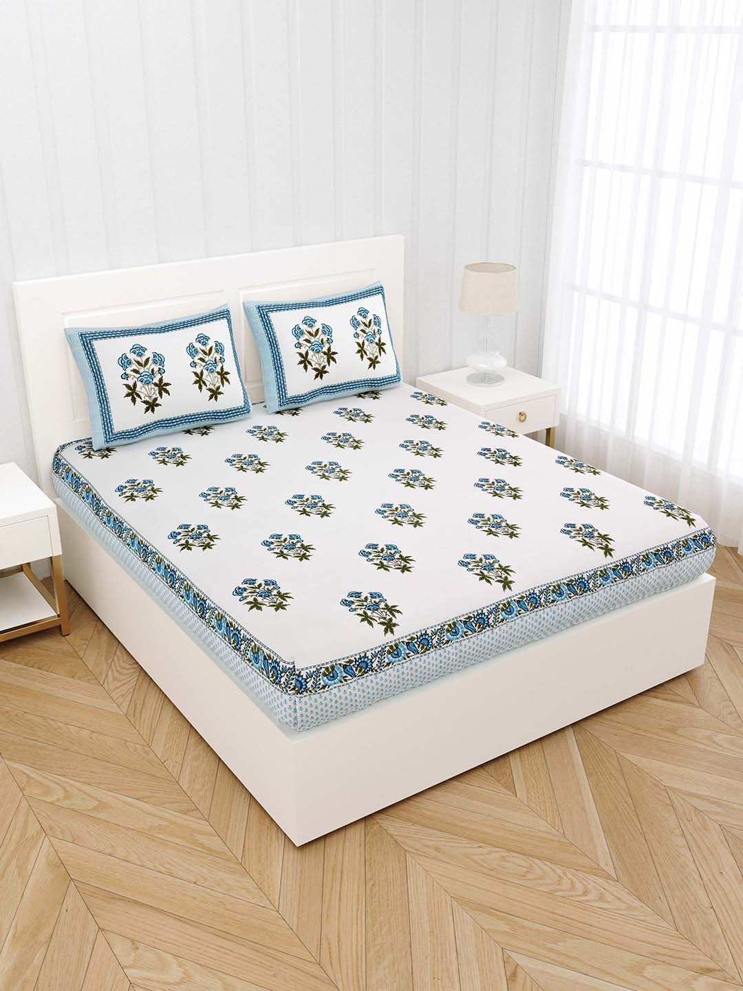 

JAIPUR FABRIC Blue & White Floral 300 TC King Bedsheet with 2 Pillow Covers