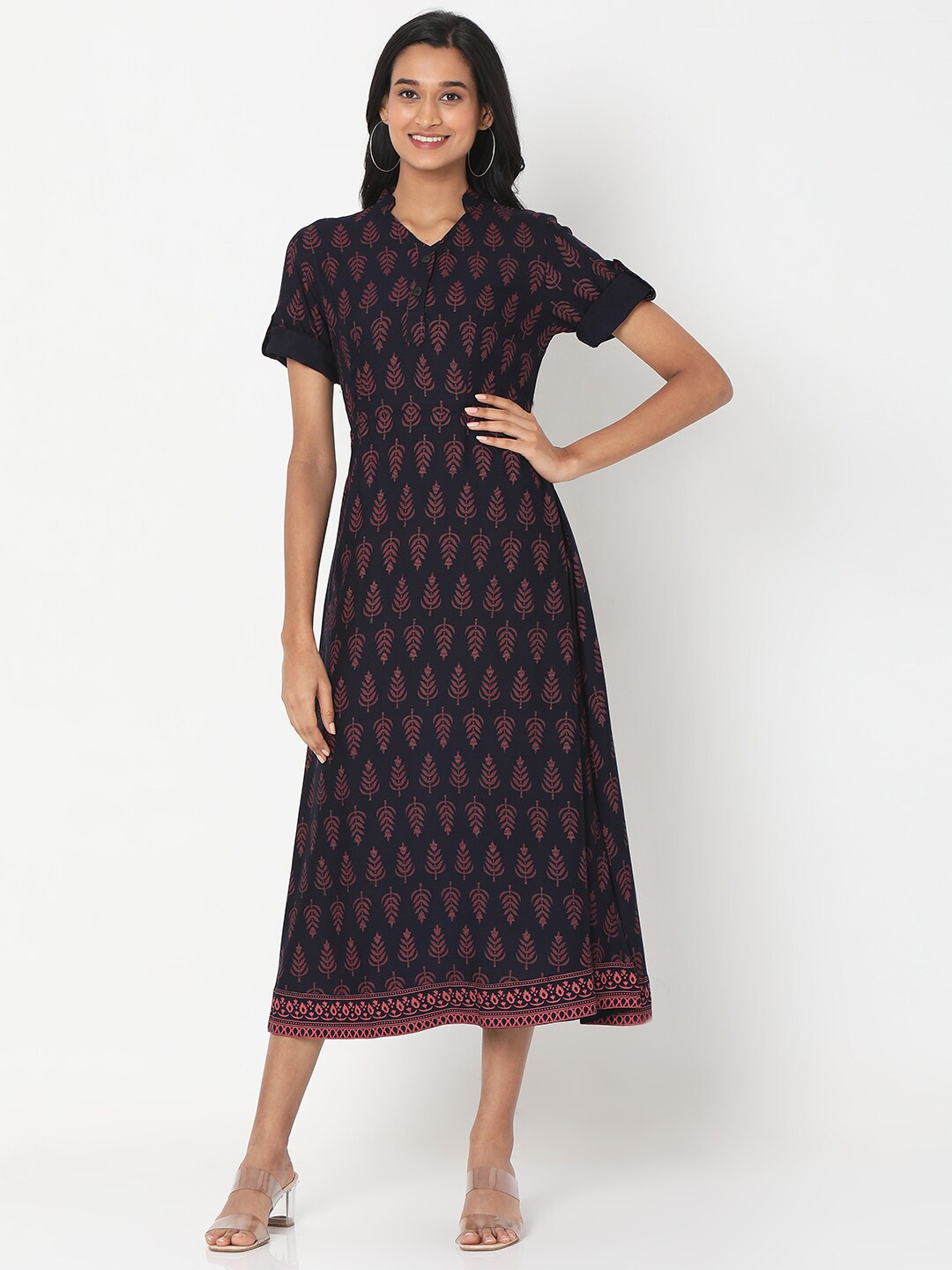 

Smarty Pants Navy Blue & brown Ethnic Motifs A-Line Midi Dress