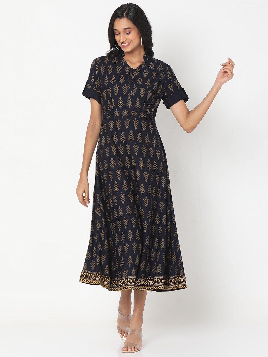 

Smarty Pants Navy Blue & raisin black Ethnic Motifs A-Line Midi Dress