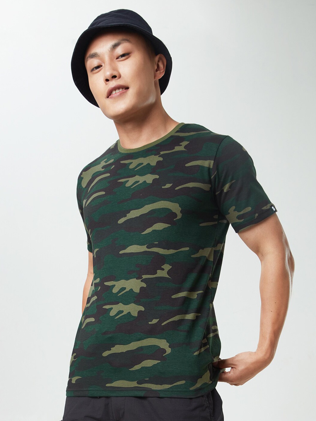 

The Souled Store Men Olive Green & outer space Camouflage Printed T-shirt