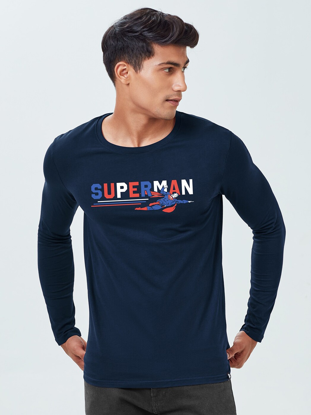 

The Souled Store Men Navy Blue & dark sapphire Typography Superman Printed Applique T-shirt