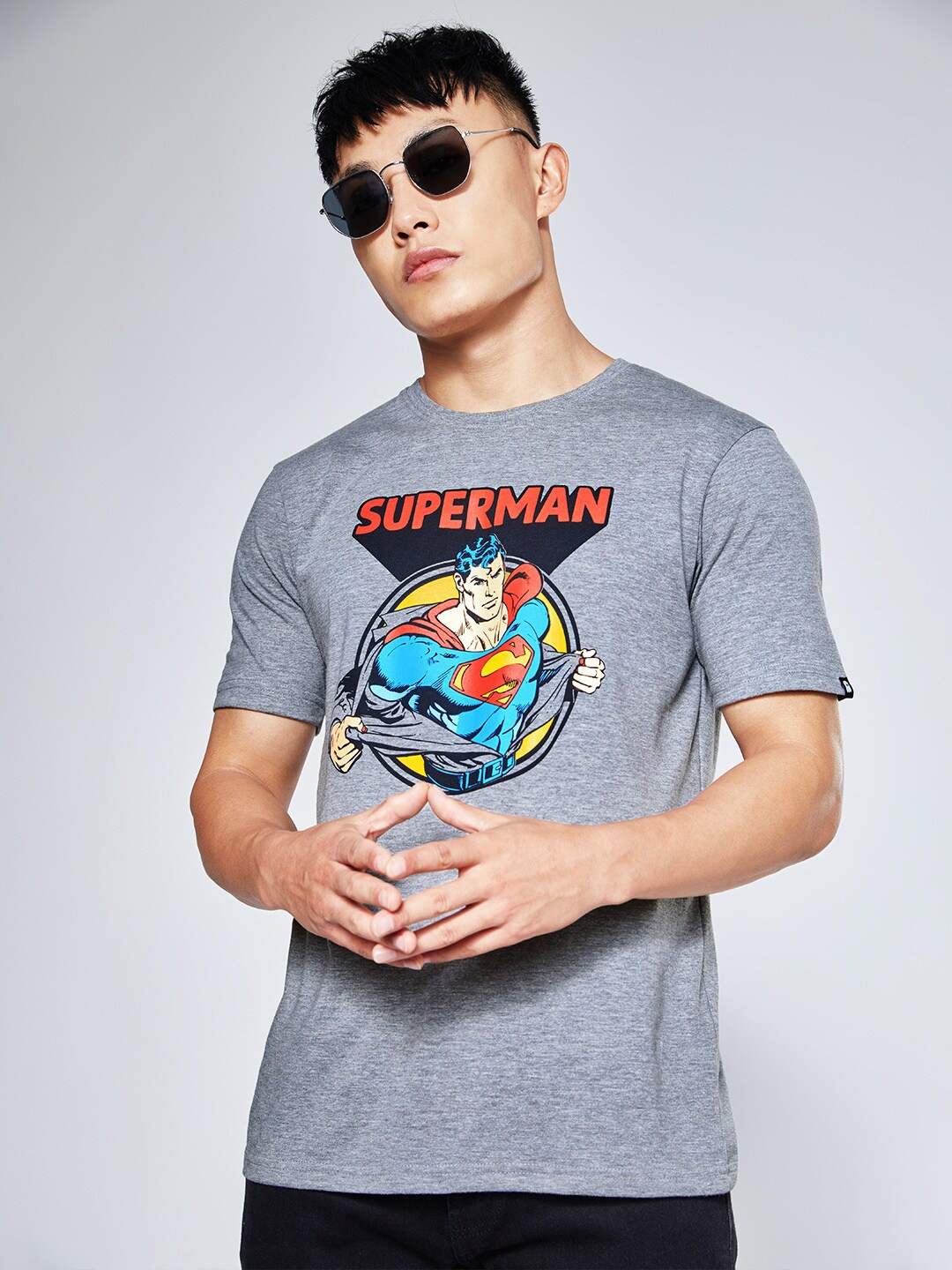 

The Souled Store Men Grey & quarry Typography Superman Printed Applique T-shirt