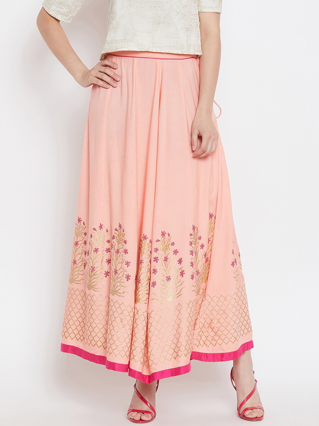 

Bitterlime Women Peach Block Printed Maxi-Length Flared Skirt