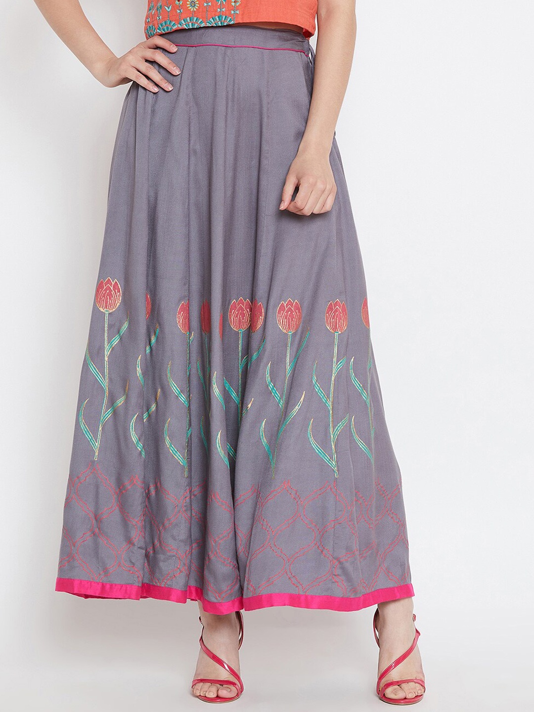 

Bitterlime Women Grey Printed Maxi-Length Flared Skirt>