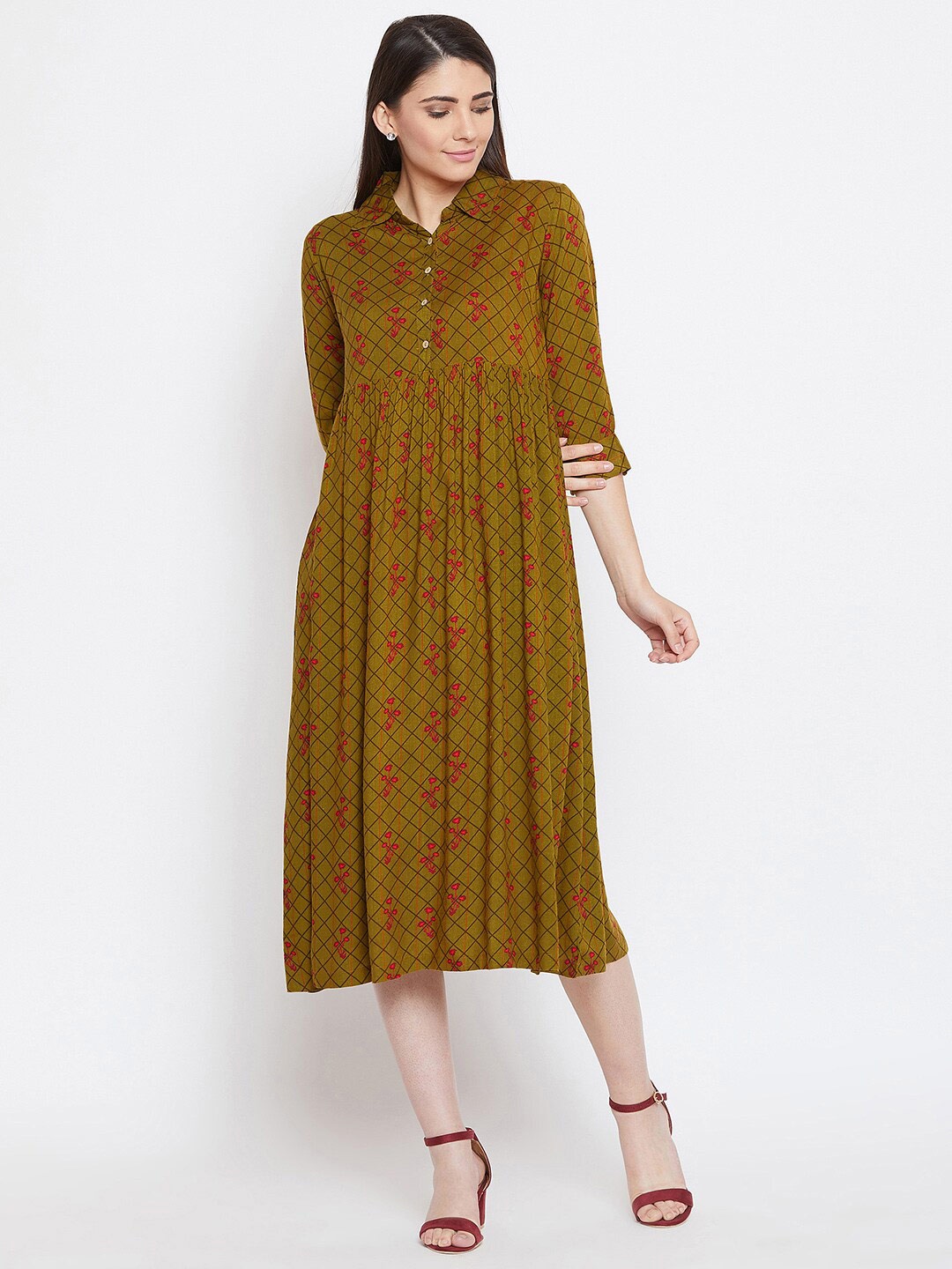 

Bitterlime Green Checked A-Line Dress