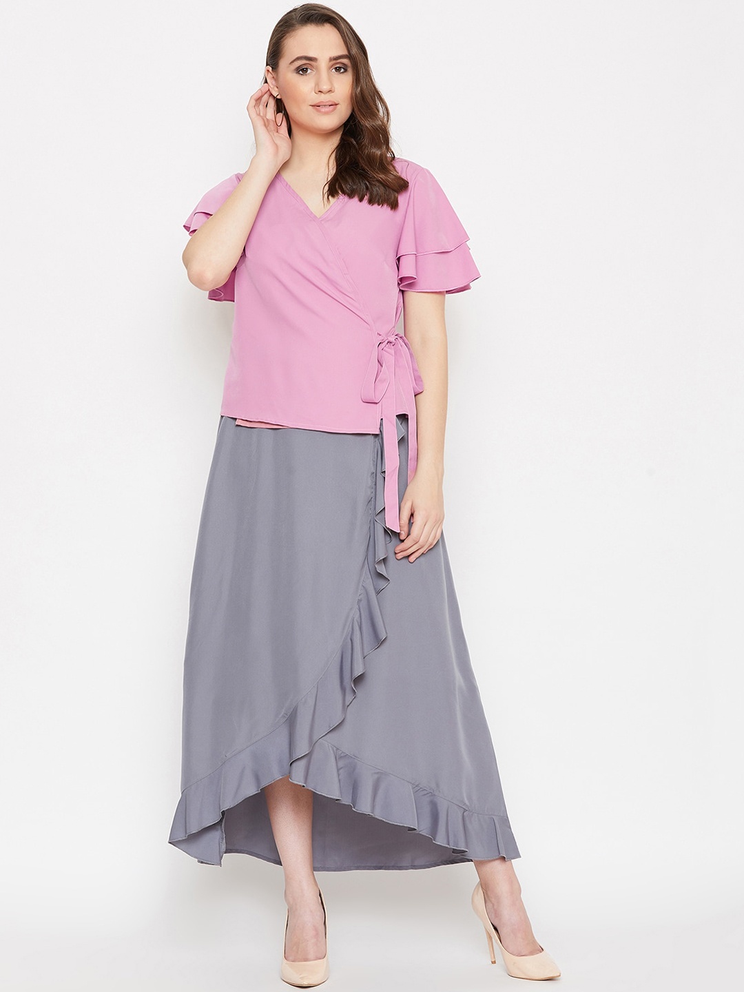 

Bitterlime Women Wrap Top and Ruffled Skirt, Pink