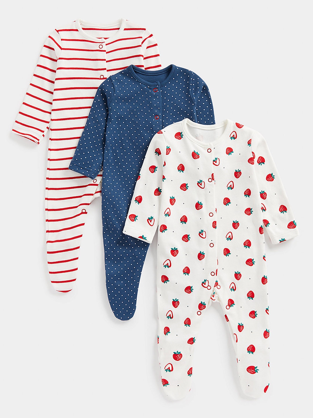 

mothercare Girls White & Red Pack Of 3 Printed & Striped Pure Cotton Sleepsuits
