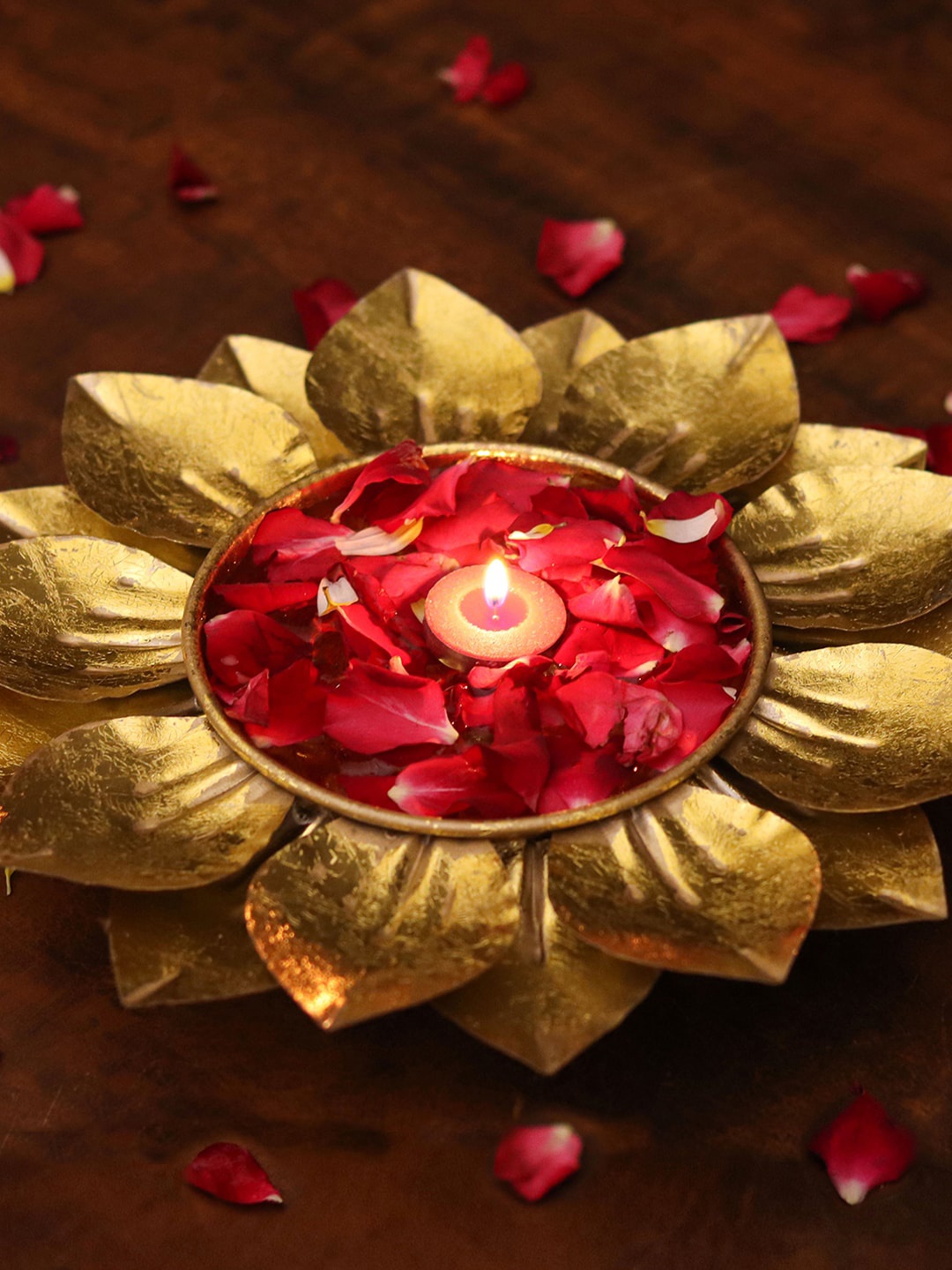 

StatueStudio Golden Flower Shaped Metal Decorative Urli Bowl Showpiece, Gold