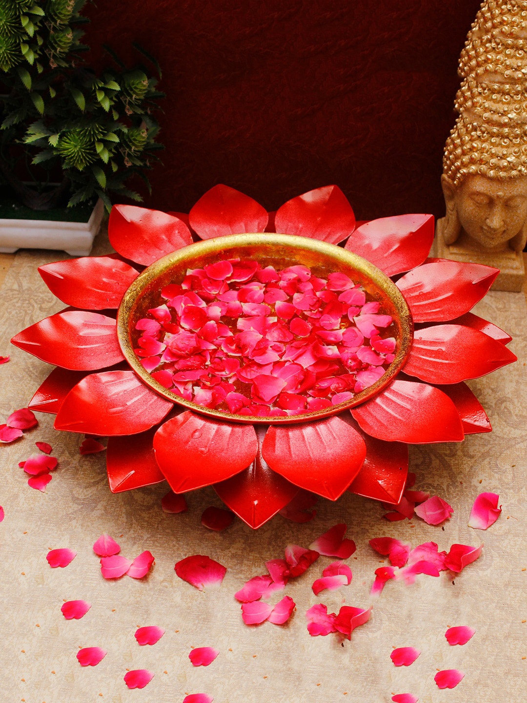 

StatueStudio Red Flower Shaped Decorative Urli Bowl Showpieces