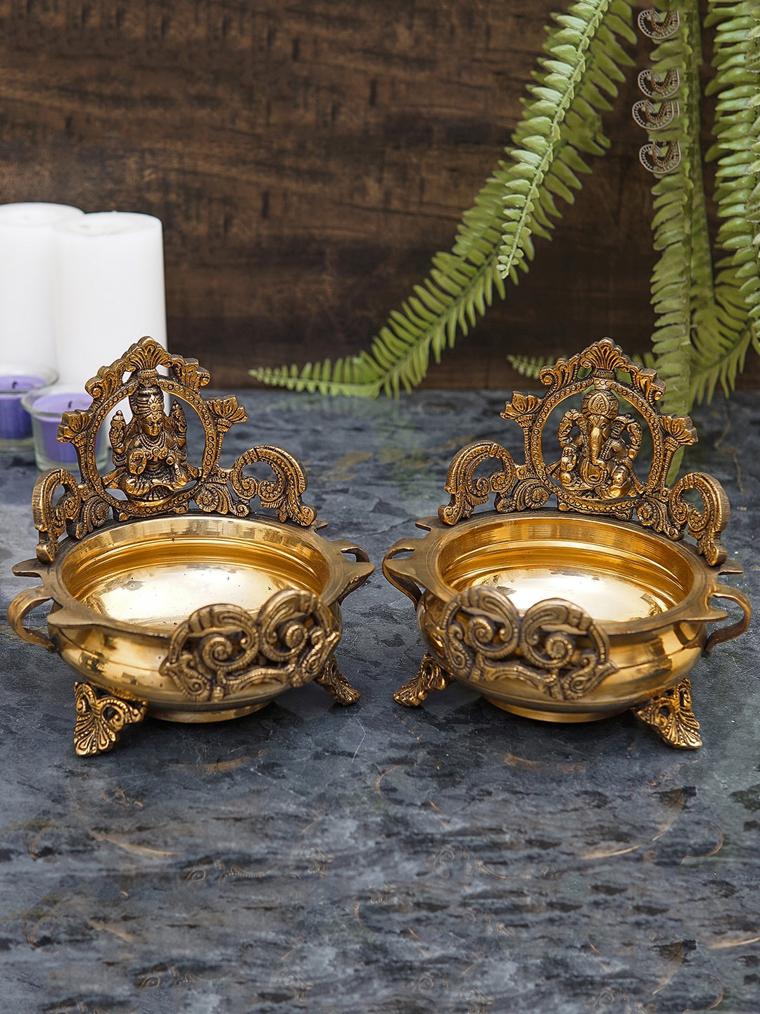 

StatueStudio Set Of 2 Gold-Toned Ganesha Lakshmi Decorative Urli Bowl Showpieces