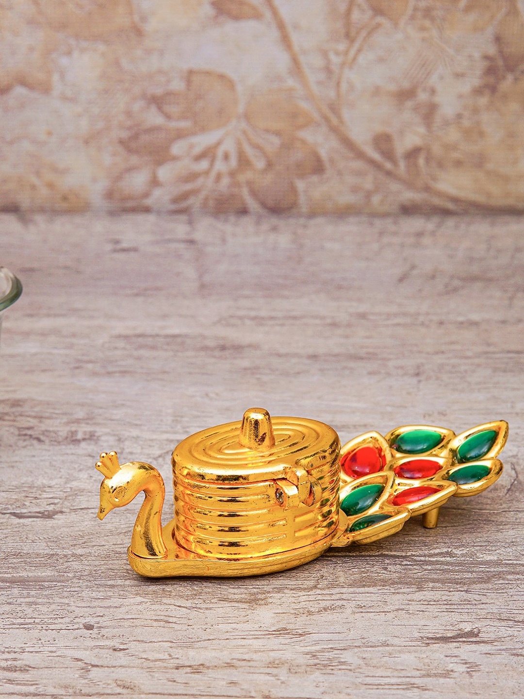 

StatueStudio Gold-Toned Peacock Shaped Kumkum Dibbi Box Pooja Essentials