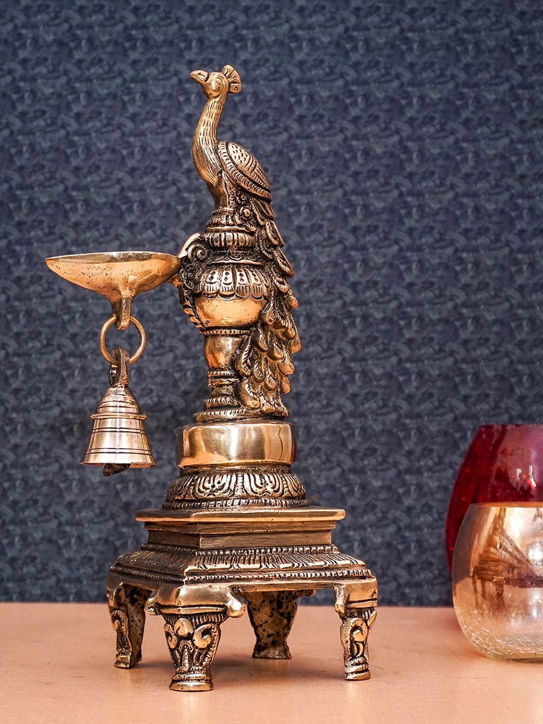 

StatueStudio Gold-toned Textured Antique Peacock Bird Diya