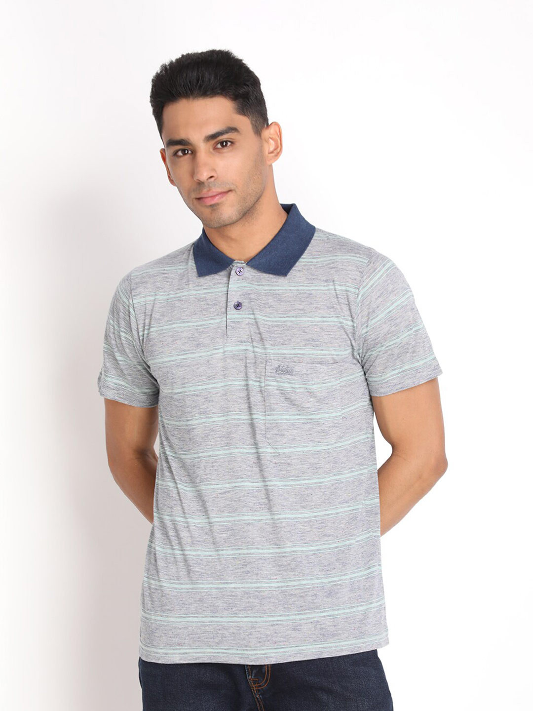 

PROTEX Men Grey Striped Polo Collar T-shirt