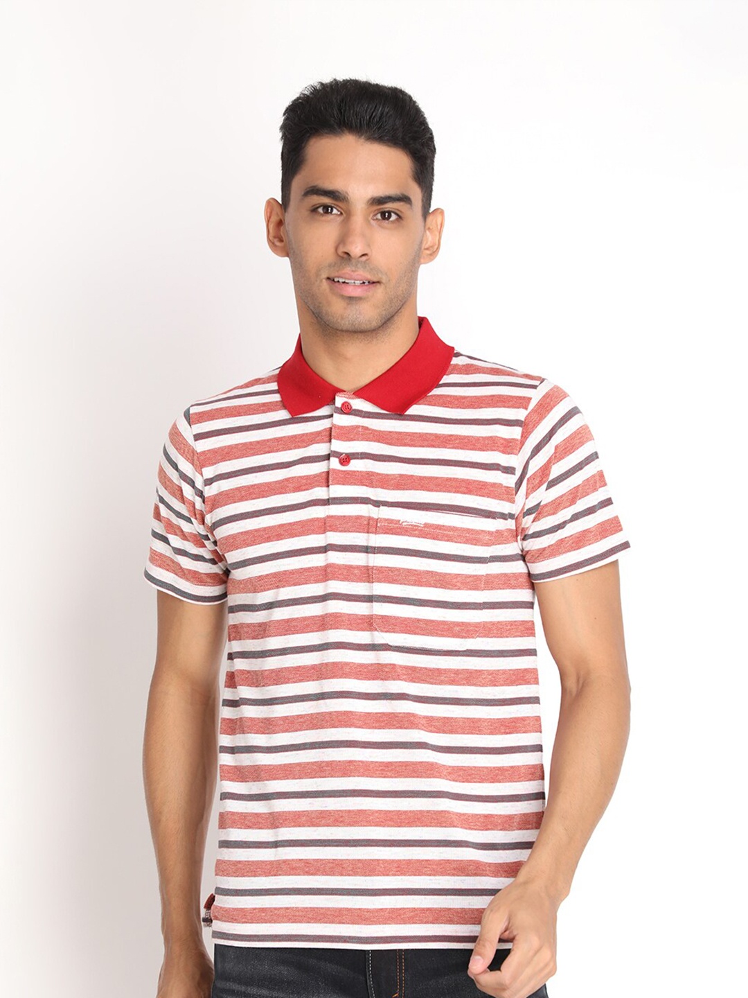 

PROTEX Men Red & white alyssum Striped Polo Collar T-shirt