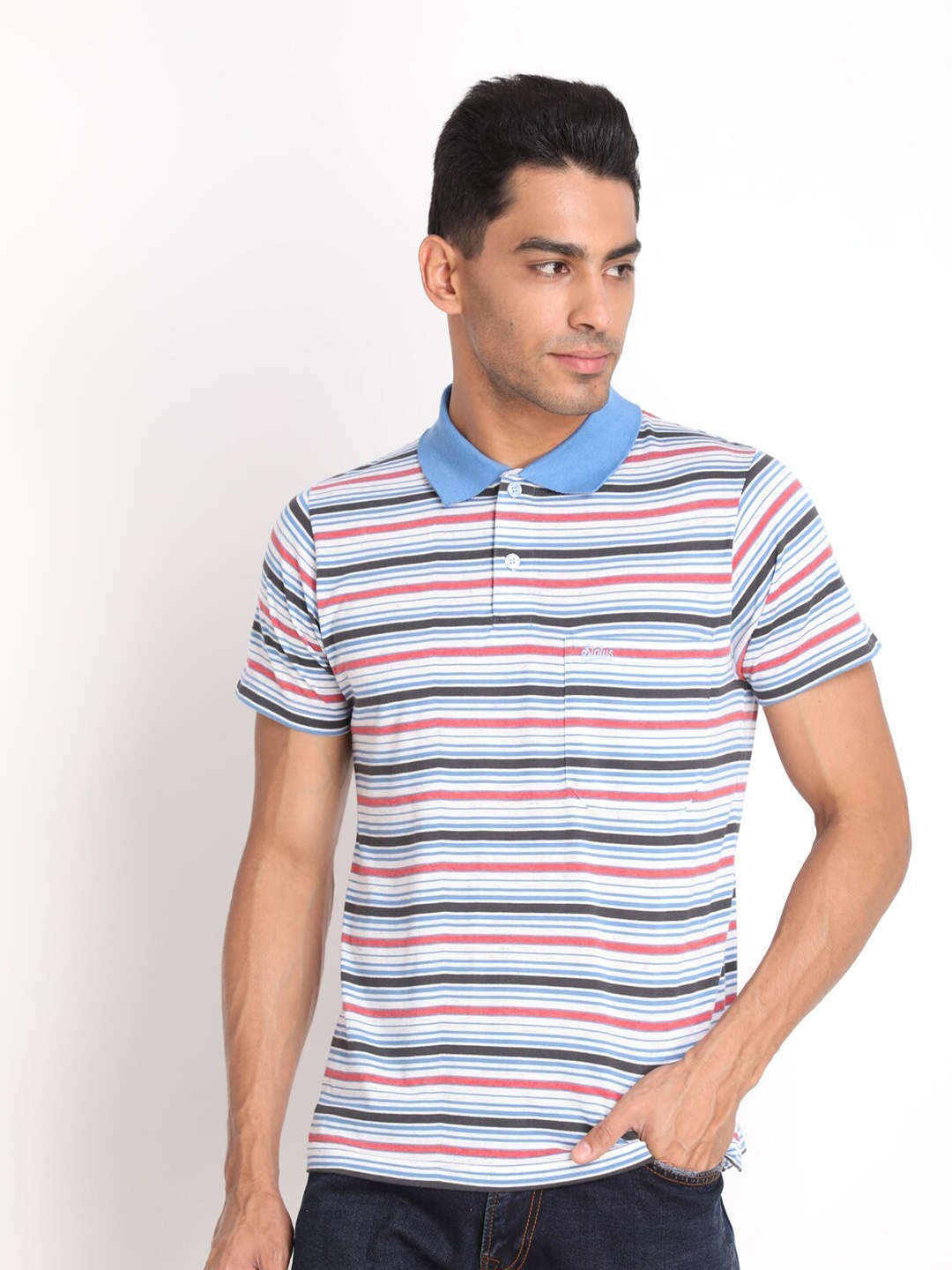 

PROTEX Men Blue & star white Striped Polo Collar T-shirt