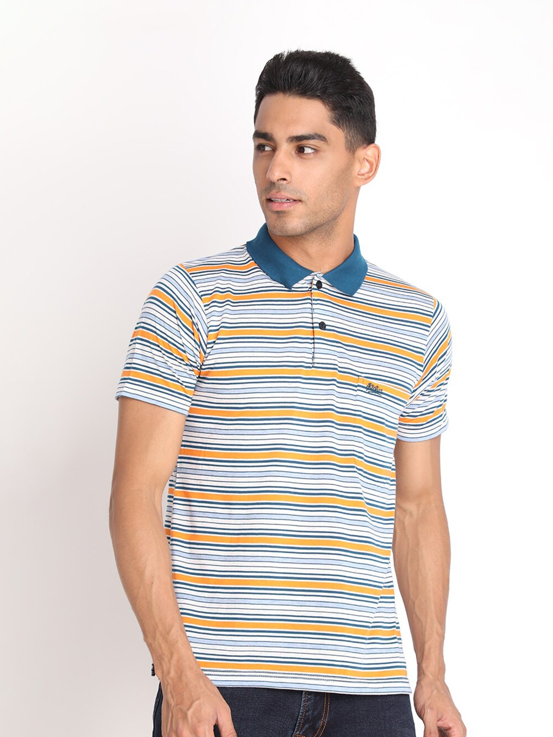 

PROTEX Men Blue & white Striped Polo Collar T-shirt