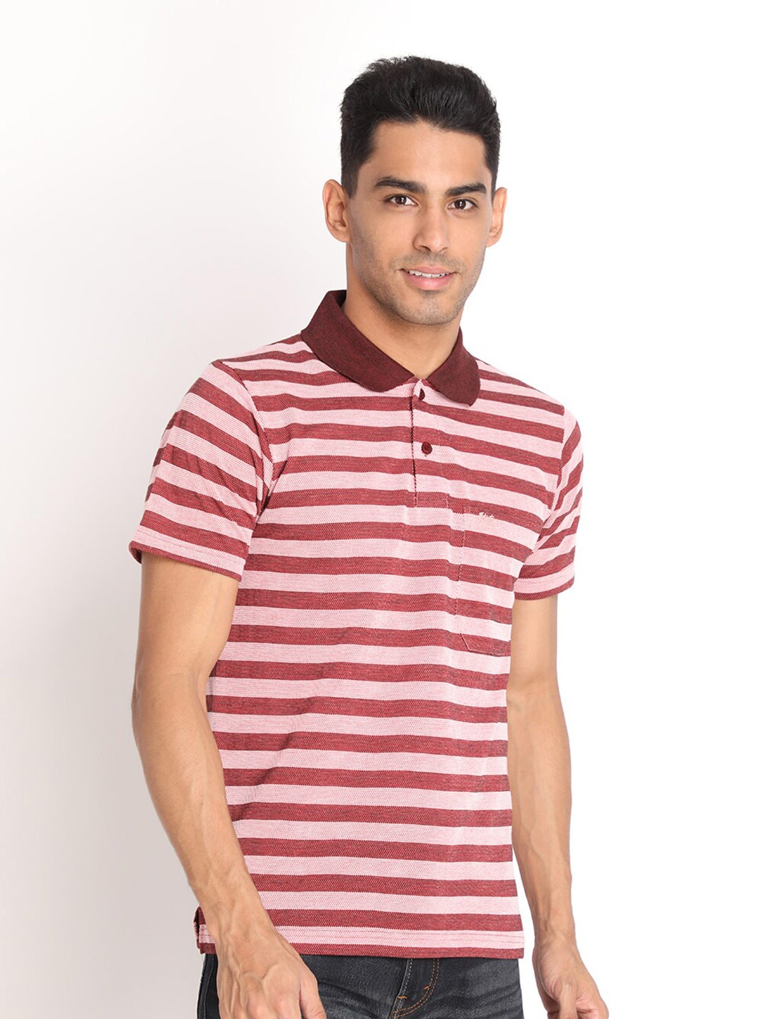 

PROTEX Men Maroon & lotion pink Striped Polo Collar T-shirt