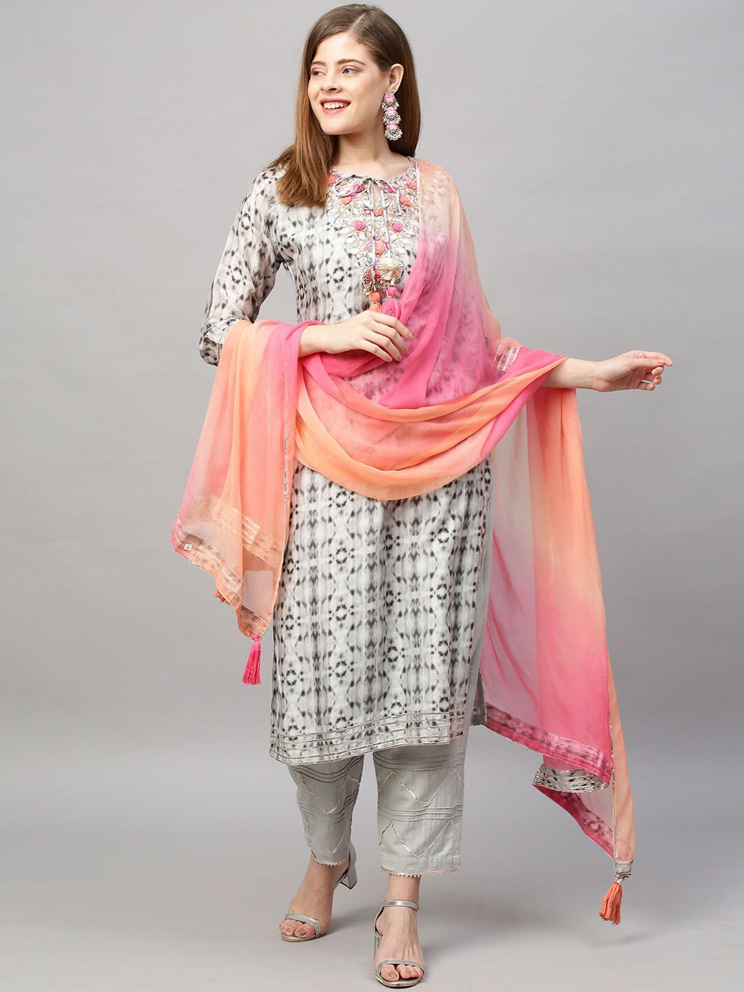 

Envy Me by FASHOR Women Grey Floral Embroidered Pleated Mirror Work Kurta with Trousers & With Dupatta