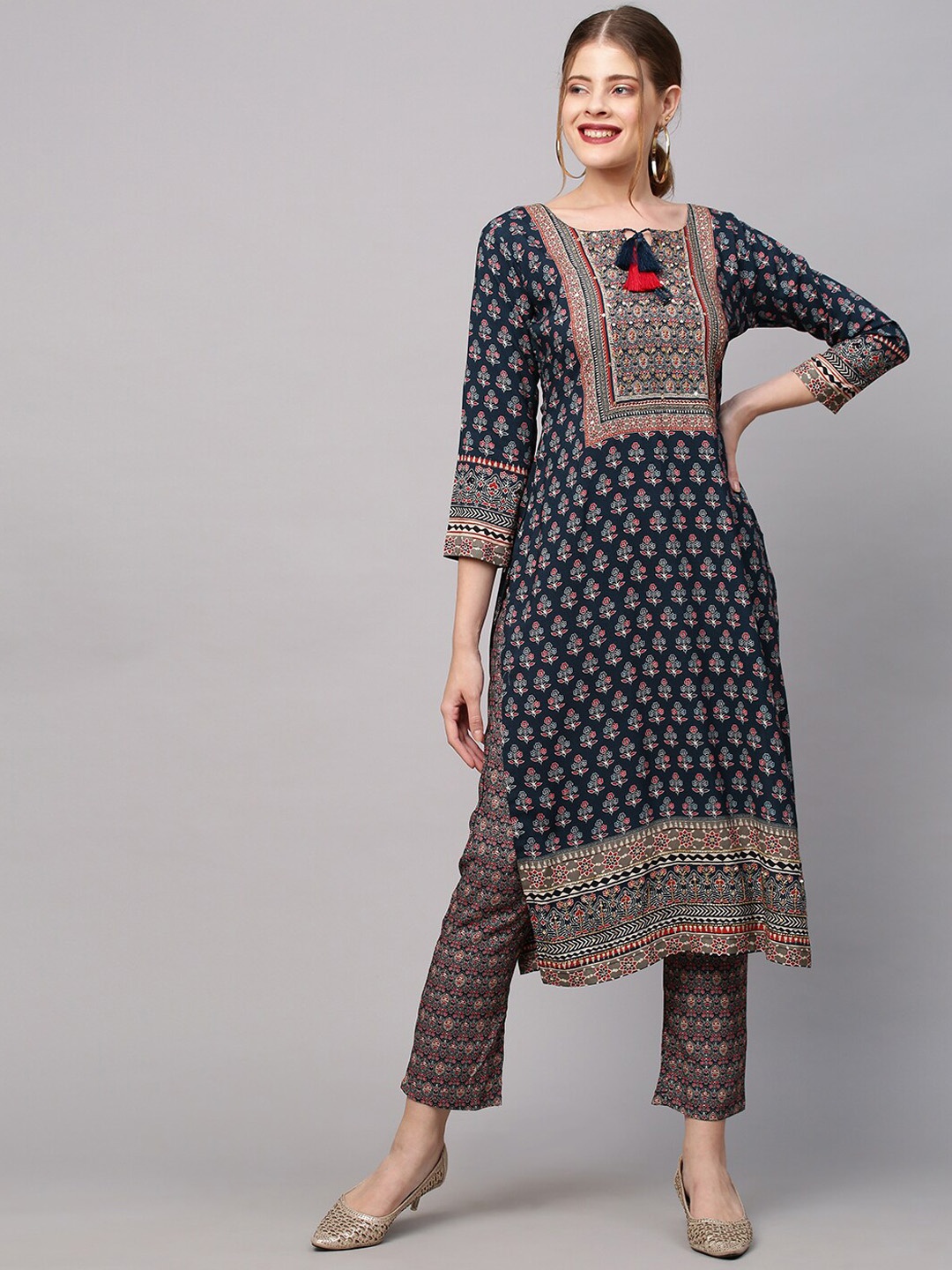 

Envy Me by FASHOR Women Blue Floral Printed High Slit Sequinned Kurta with Trousers