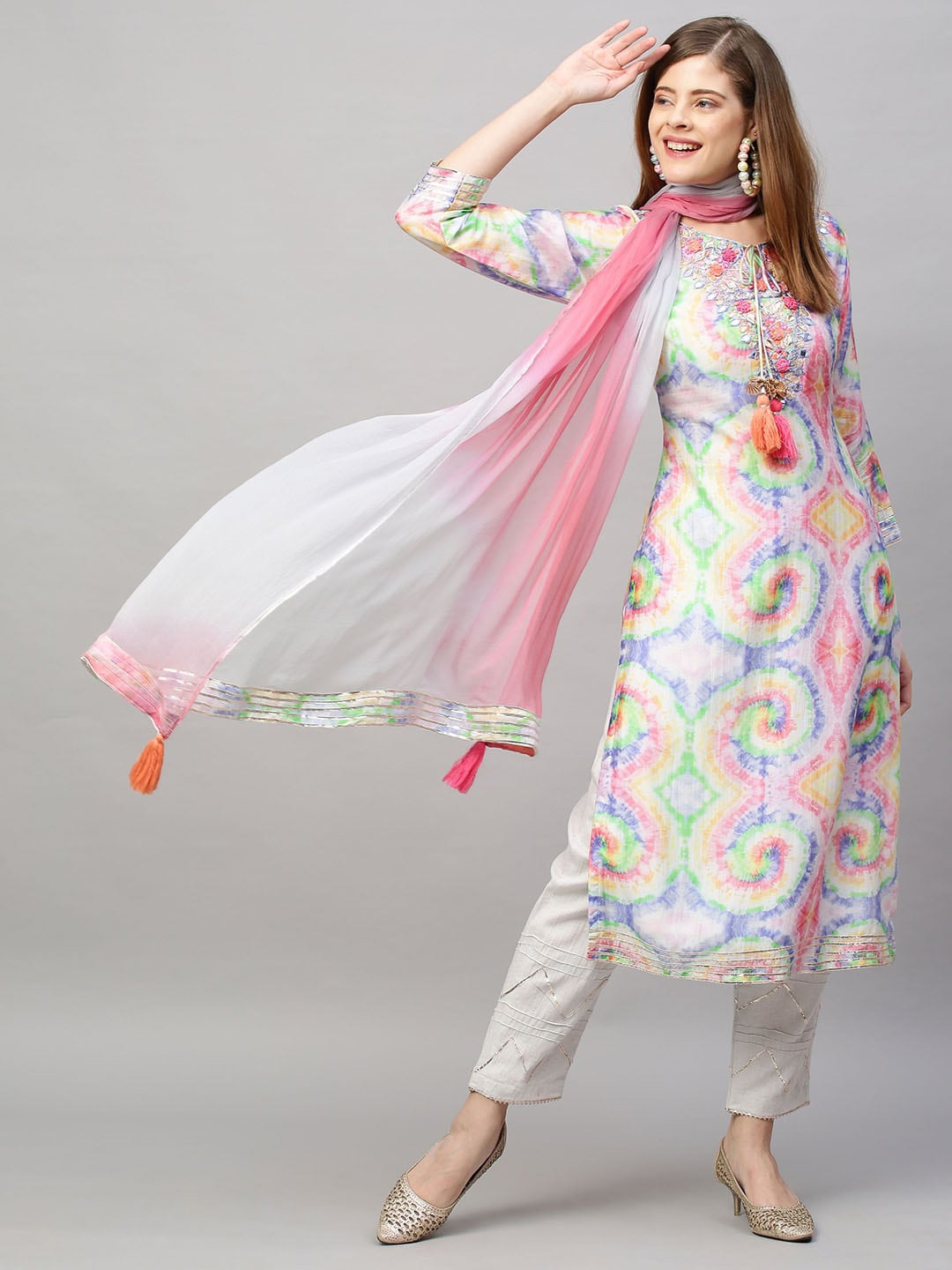 

Envy Me by FASHOR Women Multicoloured Floral Embroidered Layered Mirror Work Kurta with Trousers & With, Multi