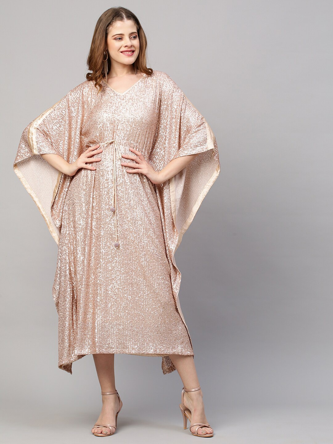 

Envy Me by FASHOR Beige & rose dust Ethnic Motifs Net Kaftan Maxi Dress