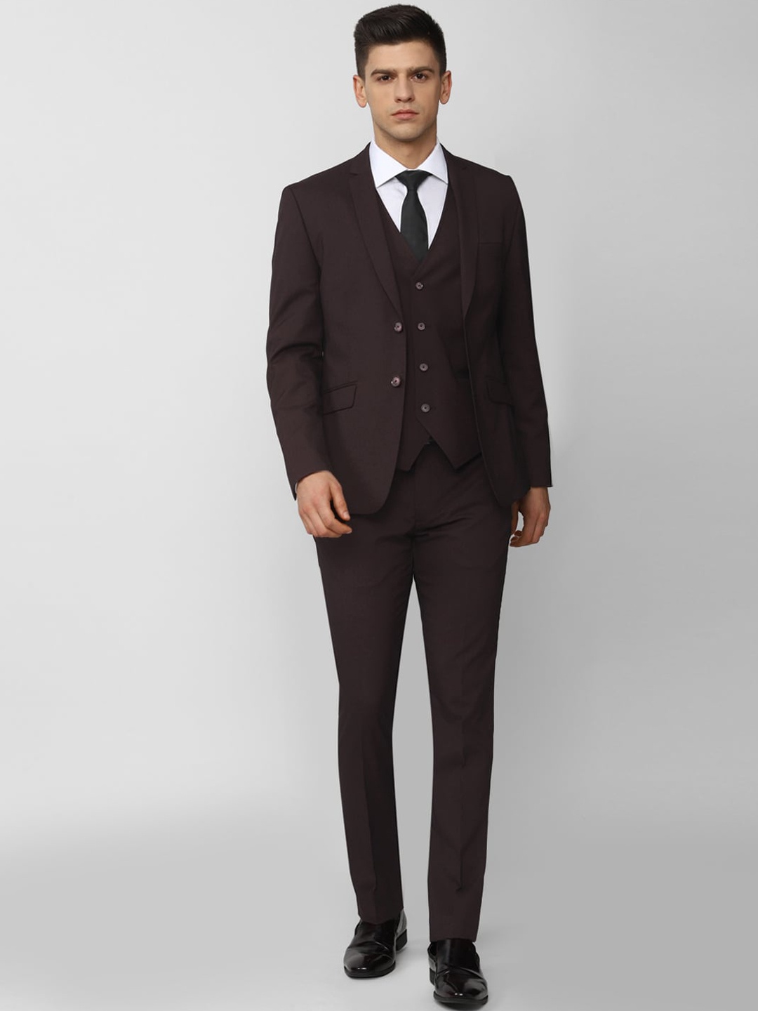 

V Dot Men Maroon Solid Single-Breasted Slim-Fit 3-Piece Suit