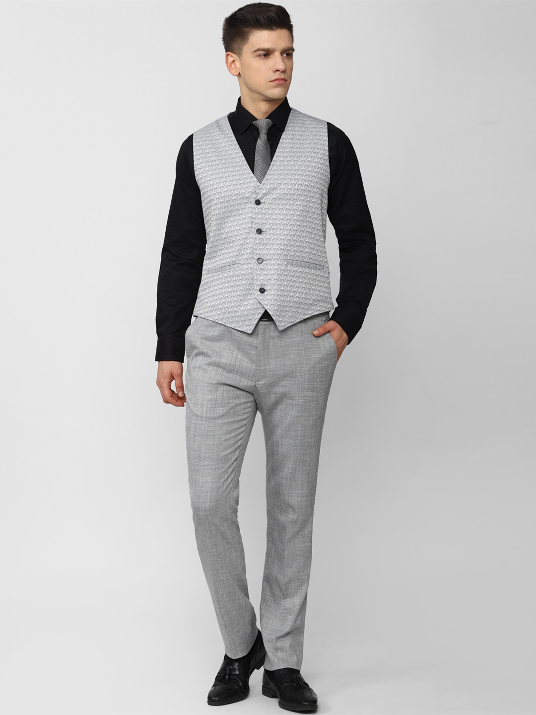 

V Dot Men Grey Self-Design Single-Breasted Slim-Fit 3-Piece Suit