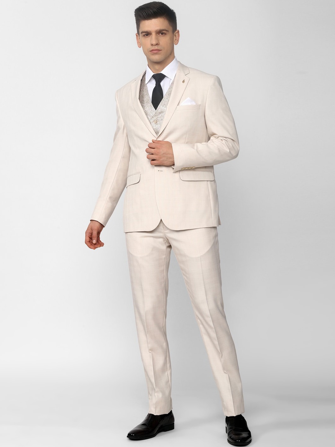 

Van Heusen Men Cream Self-Design Slim-Fit Single-Breasted Three-Piece Formal Suit