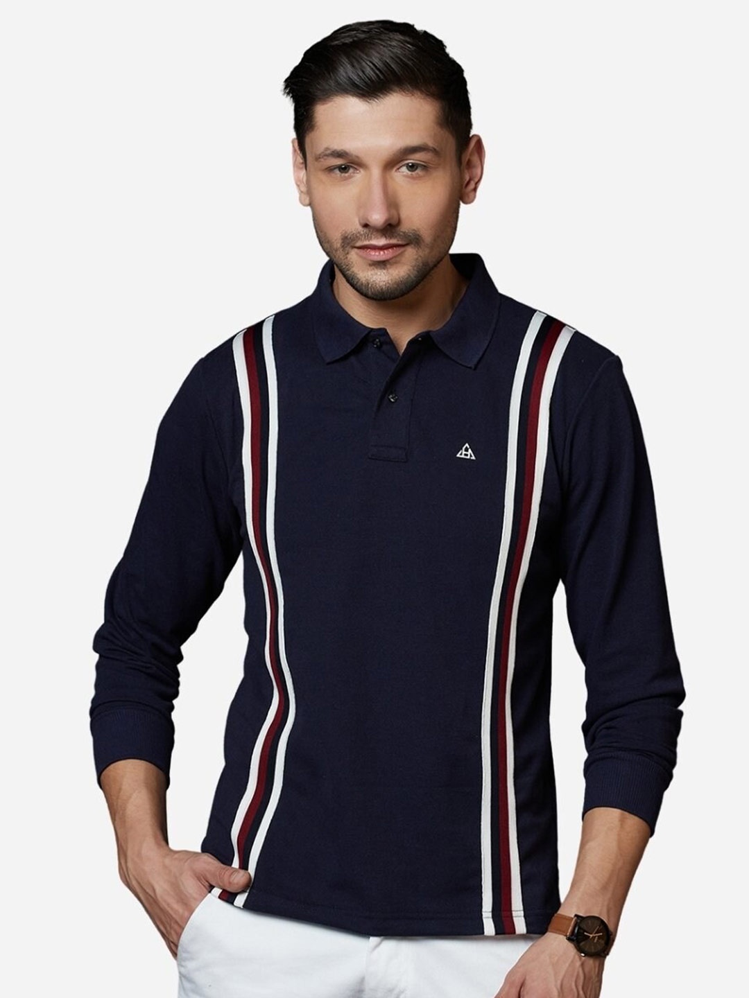 

HillTop Polos Men Navy Blue Striped High Neck Slim Fit T-shirt