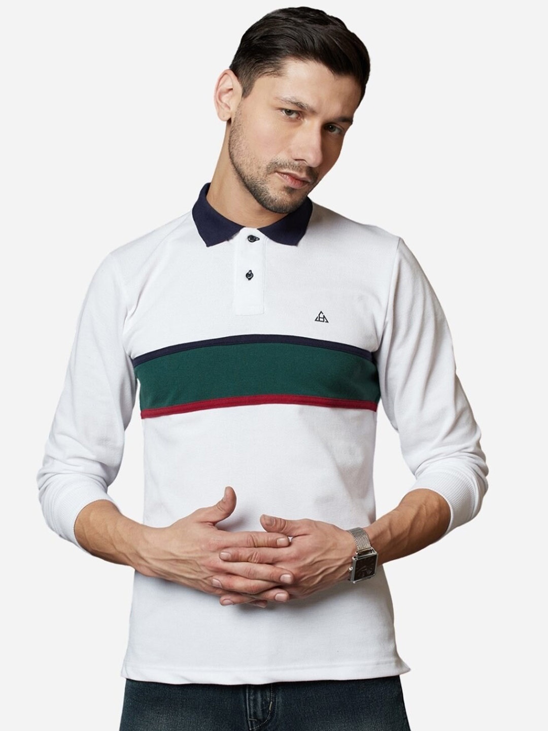 

HillTop Polos Men White Colourblocked Polo Collar Applique Slim Fit T-shirt