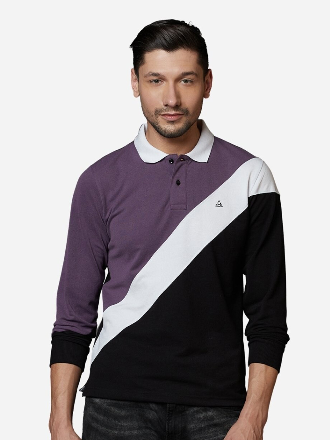 

HillTop Polos Men Purple & smoky black Polo Collar Applique Slim Fit T-shirt