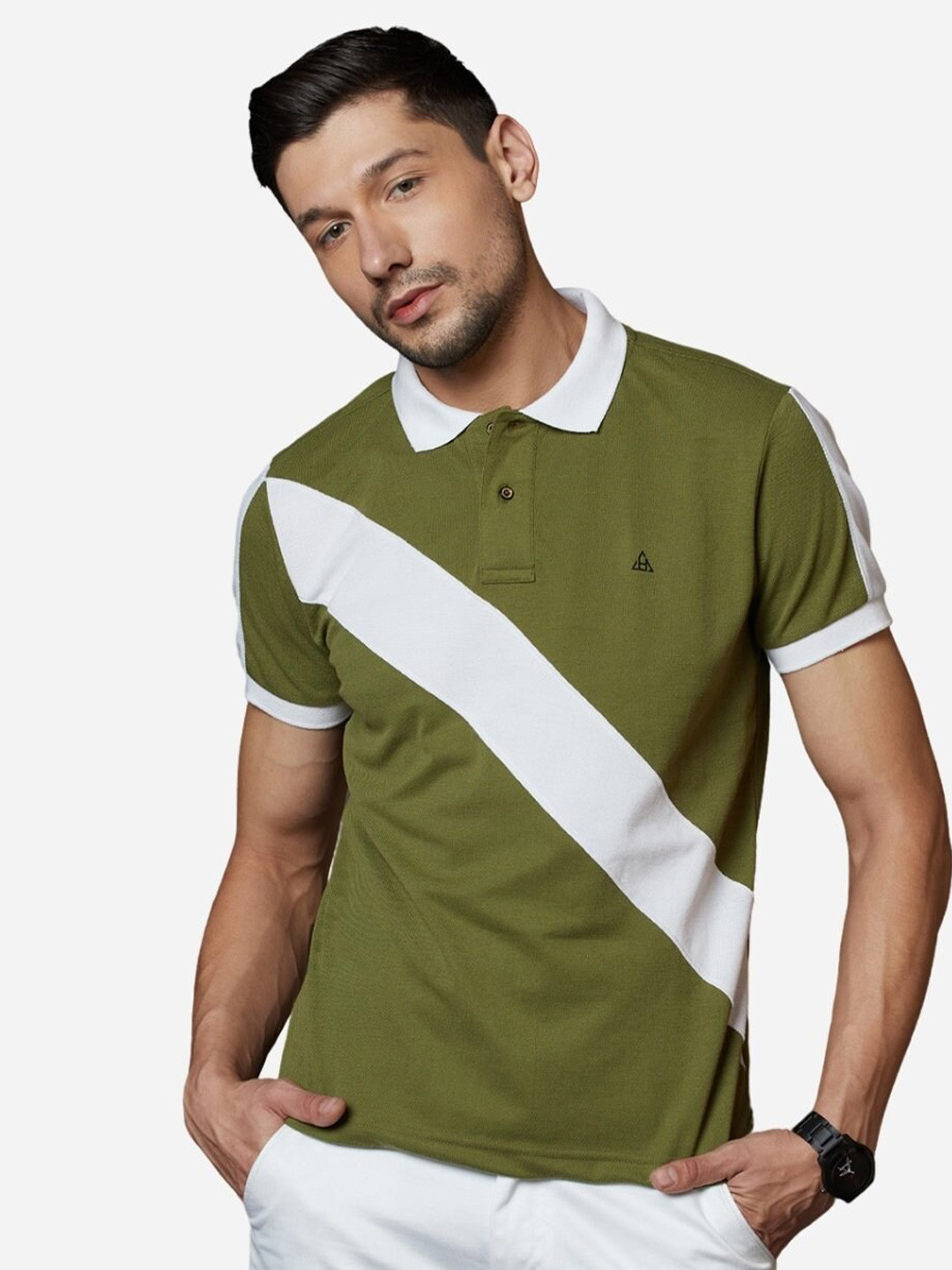 

HillTop Polos Men Olive Green Polo Collar Slim Fit T-shirt