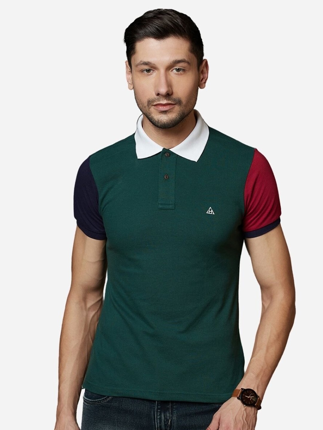 

HillTop Polos Men Green & gunmetal Polo Collar Applique Slim Fit T-shirt