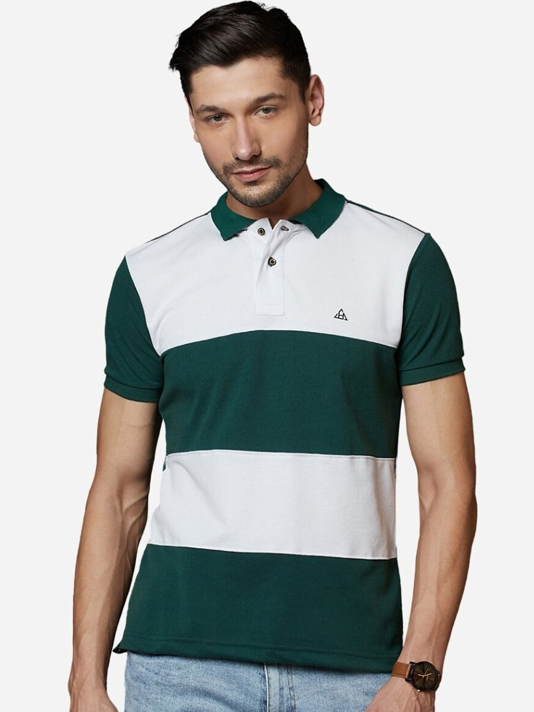 

HillTop Polos Men Green Striped Polo Collar Slim Fit T-shirt
