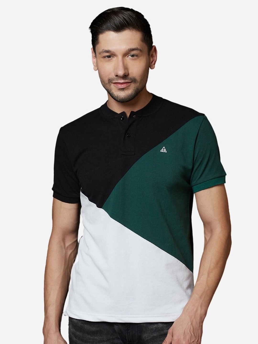 

HillTop Polos Men Black Colourblocked Mandarin Collar Slim Fit T-shirt