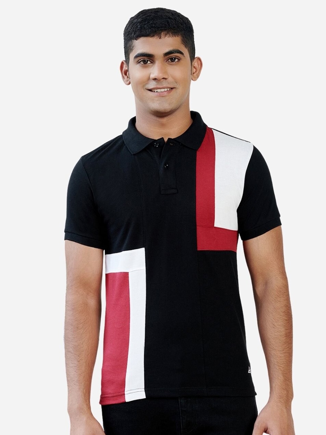 

HillTop Polos Men Black & xiketic Striped Polo Collar Slim Fit T-shirt